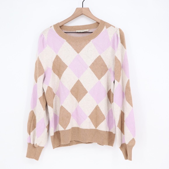 LOFT Sweaters - LOFT Sweater Womens XL Argyle Puff Sleeve Tan Purple Cream Knit Excellent
